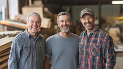 Three mature men in woodworking shop