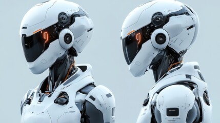 Futuristic white android heads with high-tech helmets and orange accents, side and front view