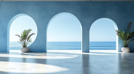 Serene Coastal Interior with Archways and Ocean View in Bright Room