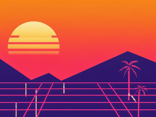 Vibrant sunset over mountains with palm trees and a grid landscape in a retro style artwork