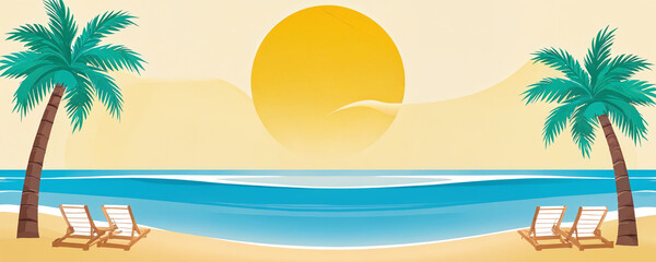 Obraz premium Bright sunset over a tranquil beach with palm trees and lounge chairs on warm sand