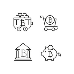 Bitcoin icons. Set of 4 trendy minimal icons. Exchange, lock, blockchain, mining icon. Design signs for web page, mobile app, packaging design. Vector illustration