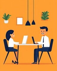 Think Like a CEO Two professionals collaborating in a modern workspace with plants and cheerful colors, showcasing teamwork.