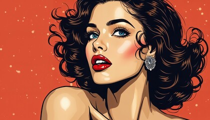 portrait of a girl with beautiful face and makeup, pop art illustration on abstract color background