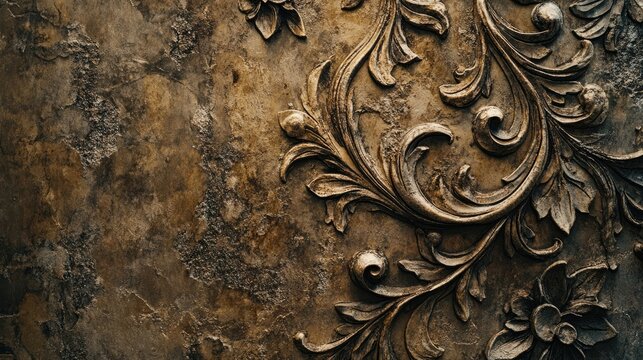 Naklejki A close-up view of intricate plaster designs on a rustic wall