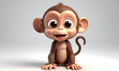 Cute animated monkey character with large eyes and playful expression sitting on the floor in a bright setting