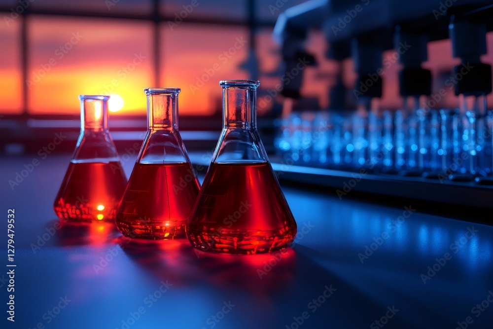 Poster flasks containing red liquid sitting on table in laboratory at sunset