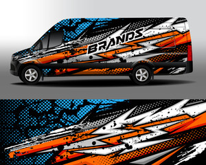 Delivery van vector design. Pop art car decal. Abstract comic explosion background with halftone dots black and blue for vinyl car sticker.