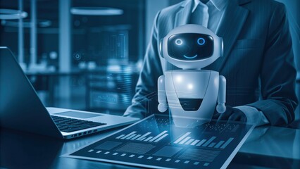 AI Bank Assistant Bot in Grey Suit Analyzing Financial Report with Laptop