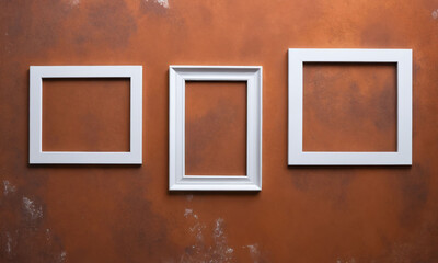Three empty white frames displayed against an orange textured wall in a modern interior setting