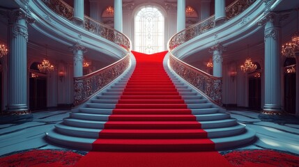 Grand, ornate, red carpet staircase in a luxurious palace interior with grand windows