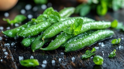 Fresh green peas, salt, mint, wooden board, kitchen, cooking