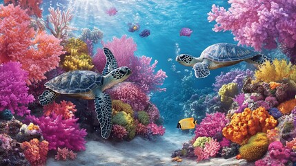 Sea turtles swimming vibrant coral reef ocean