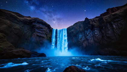 Naklejka premium Majestic waterfall cascading down rocky cliffs at night 