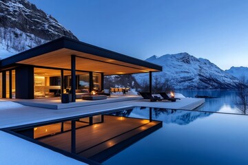 Fototapeta premium Modern luxury home with infinity pool overlooking snowy mountain lake at twilight
