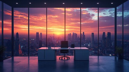 Modern Office with Panoramic City View at Sunset Over Skyscrapers