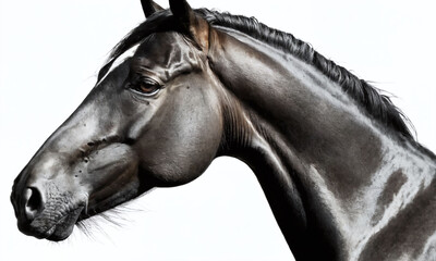 Dark horse portrait showcasing elegant features against a plain background