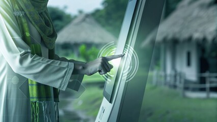 A close up shot shows a hand with a long sleeve reaching towards an interactive informational terminal. The scene is set outdoors, complemented by lush greenery and hut structures in soft focus.