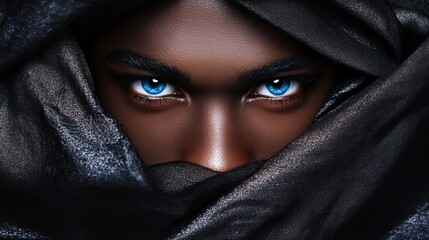Naklejka premium Close-up portrait of a Black woman with striking blue eyes, partially veiled in dark fabric. Mysterious and captivating.