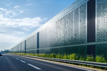 Fototapeta premium Long perforated metal noise barrier by the highway protecting nearby houses from traffic noise