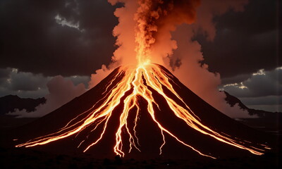 Fototapeta premium Volcano View with molten lava and smoky skies