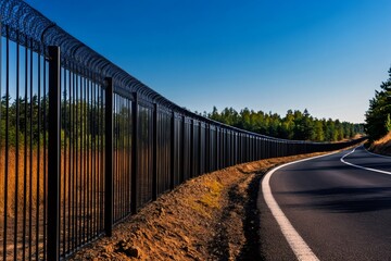 Fototapeta premium High security fence protecting highway infrastructure with razor wire in sunny day