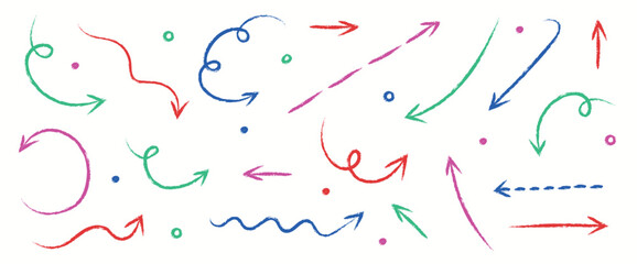 Set of hand drawn arrows in pencil, crayon and chalk style. Cartoon elements. Vector illustration