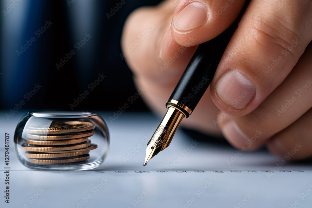Poster businessman calculating investment strategy using pen and protected coins