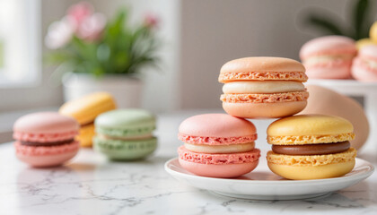 Fototapeta premium Colorful macarons stacked on a plate with soft background 