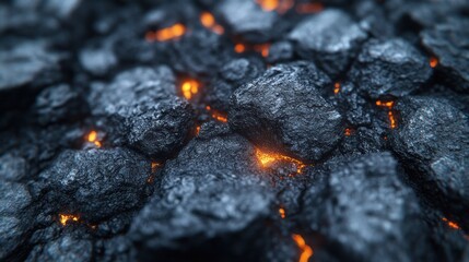 Molten rock close-up, fiery embers glowing, volcanic landscape background. Use Science, Nature, Design