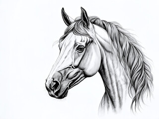 Detailed black and white drawing of a majestic horse with flowing mane captured in realistic style