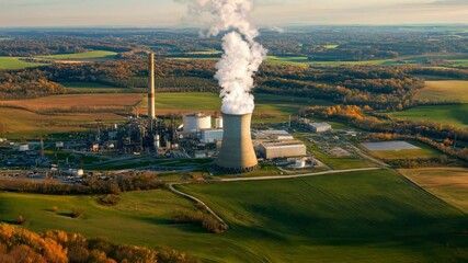 Aerial view of a power plant emitting steam, surrounded by lush fields, capturing industrial contrast in a serene landscape, suitable for a documentary video.