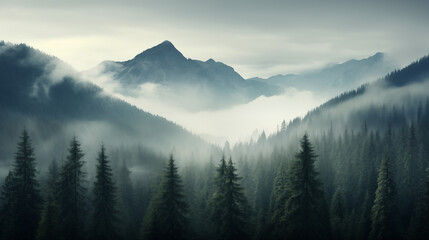 Obraz premium Paysage de forêt dans les montagnes. Nuage, brume, brouillard. Horizon, calme. Pour conception et création graphique.