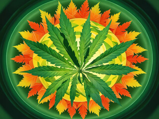 Colorful mandala design featuring green cannabis leaves surrounded by autumn foliage in a circular pattern