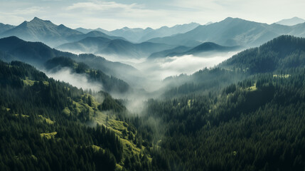 Naklejka premium Paysage de forêt dans les montagnes. Nuage, brume, brouillard. Horizon, calme. Pour conception et création graphique.