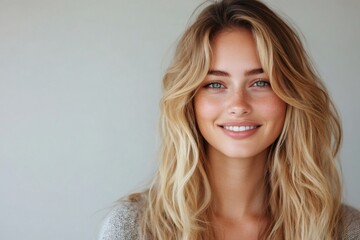 Blonde model smiling with freckles and perfect teeth