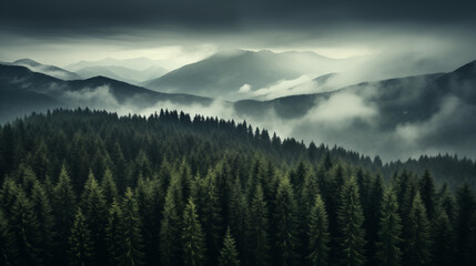 Paysage de for&ecirc;t dans les montagnes. Nuage, brume, brouillard. Horizon, calme. Pour conception et cr&eacute;ation graphique.