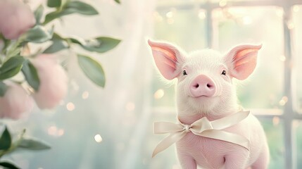   A pig wearing a bow stands before a window, gazing into the lens