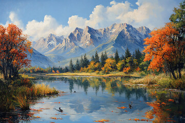 Obraz premium Autumn Tranquility at the Lakeside: Majestic Mountain Reflections and Dappled Light Adventures