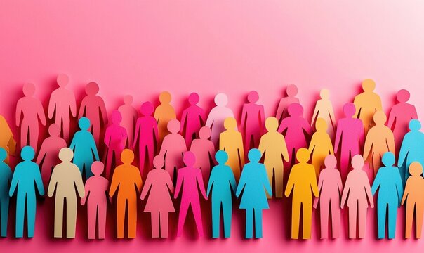 Colorful paper cutout figures representing people arranged beautifully on a bright pink background