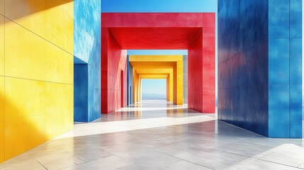 Vibrant Abstract Architecture with Colorful Frames and Blue Sky