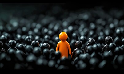 Unique orange figure stands out among dark figures, highlighting individuality in a textured environment
