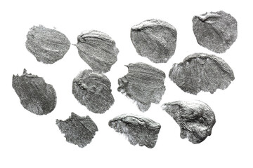 Gray silver metallic colored brush strokes and spots isolated on white background. Silver abstract stroke and stains. Colorful watercolor brush stroke.