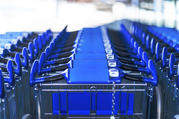 Close-Up of Blue Supermarket Shopping Carts Neatly Arranged in a Row