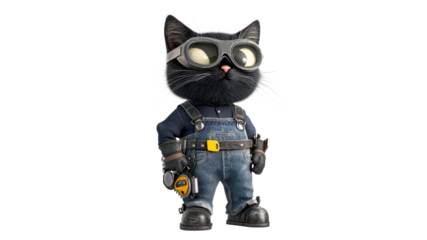 Black cat mechanic dressed for work with goggles