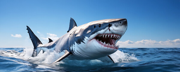 Great white shark breaches the surface of the ocean under a clear sky during a sunny day