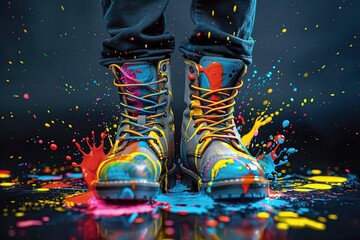 A person wearing vibrant, colorful boots stands amidst splashes of paint, showcasing a playful and artistic mood in a studio setting.