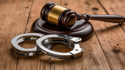 Handcuffs on table, gavel lying on sound block, crime punishment, law order