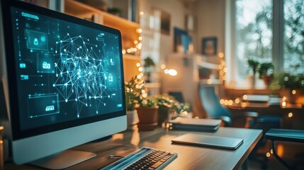 Office at home with IT equipment and online communications. Working from home and remote access concept. Panoramic, self isolation while epidemic concept