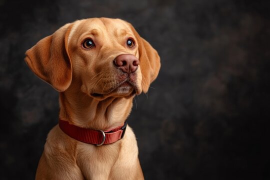 Fox red labrador puppy looking up while wearing red collar
